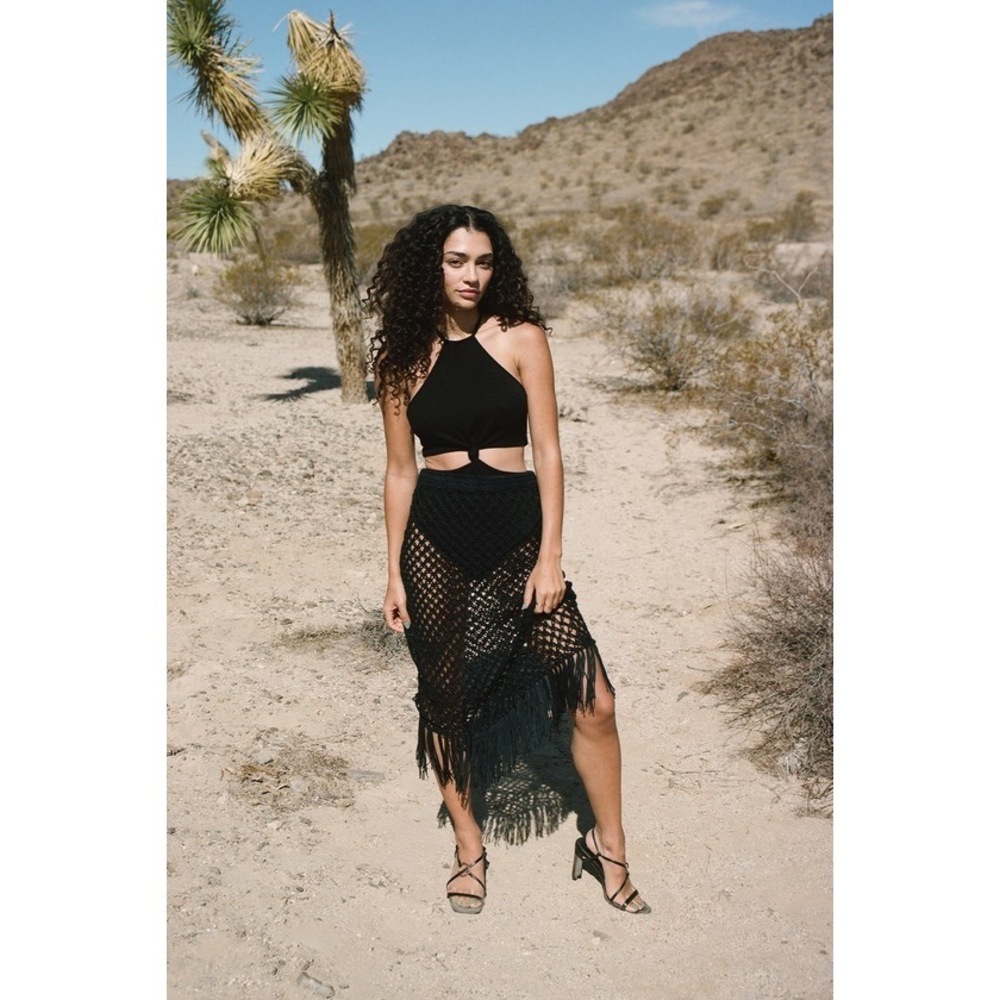 Lulus Sunshine And Fun Times Black Crochet Fringe Swim Cover-up Skirt - Size S/M